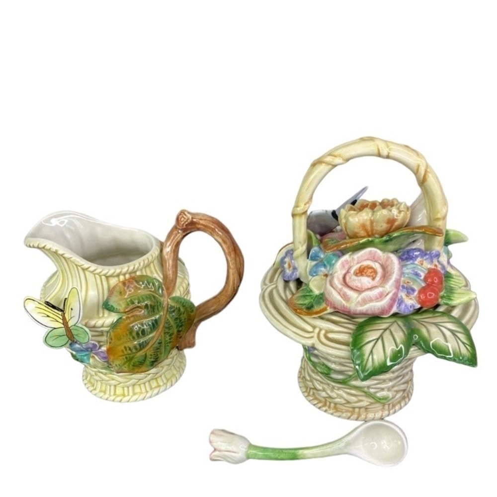 Vintage Fitz & Floyd Classic Basket Creamer Sugar Bowl Spoon Butterfly Floral